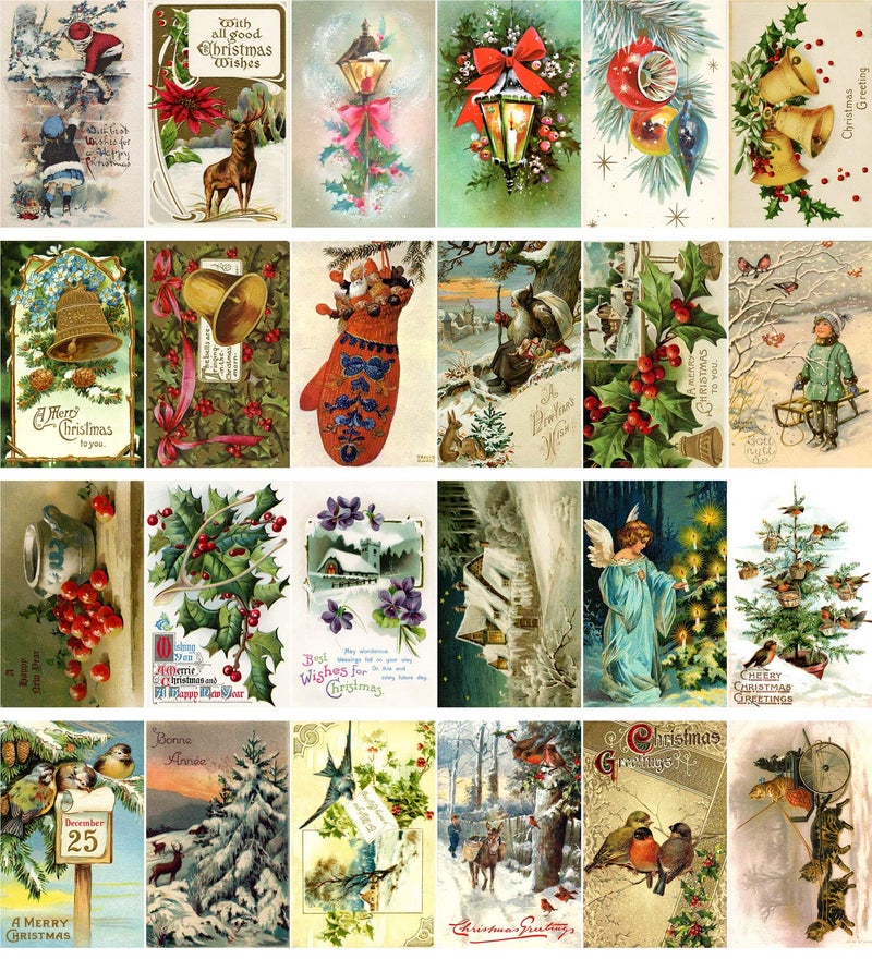 PIXILUV Vintage Christmas Greeting Cards 24pcs Christmas Tree Wreath Garland Ornaments Reprint Postcard Set - Image 2